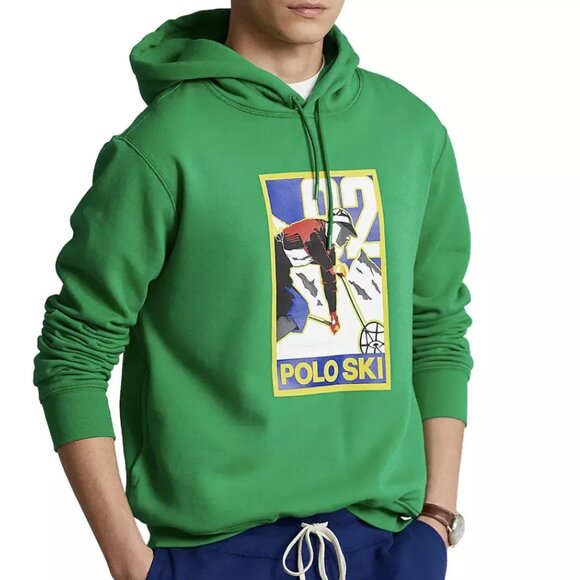 Polo Ralph Lauren Green Yellow 92 Ski Graphic Fleece Pullover Hoodie Size Medium - Picture 1 of 3